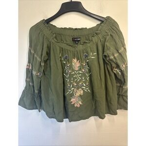 Embroidered Women's Cropped Off The Shoulder 3/4 Sleeve Flowy Tunic Blouse